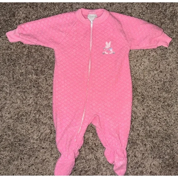 Vtg Carter's Pink Quilted Footie Pajamas Sz 0-6 Months Baby Sleeper Bunny Rabbit