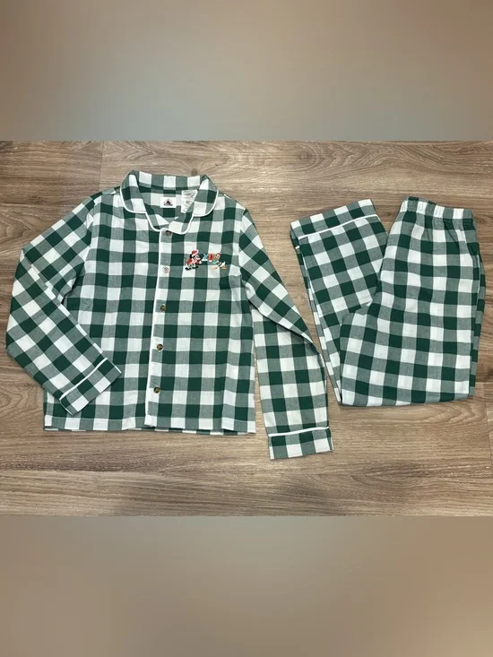 Disney Green/White Check Plaid Kids Pajamas Embroidered Mickey Mouse Donald Duck