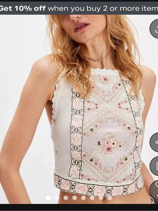 Free People White Floral Embroidered Crochet Tank