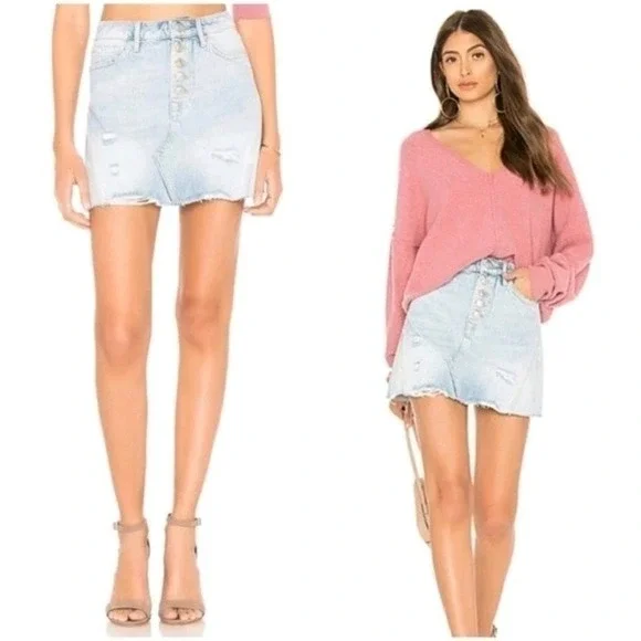 Free People Denim‎ A-Line Mini Frayed Hem Distressed Skirk