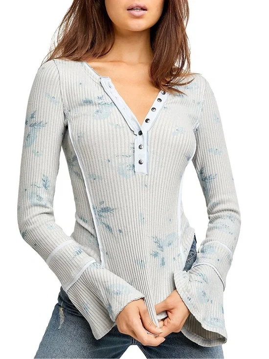 Free People Thermal Henley Top Blue Fairycore Bell Sleeve Size M