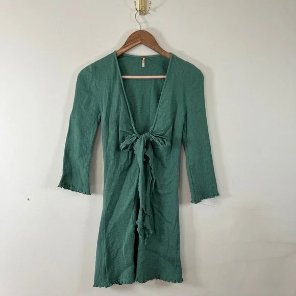 Free People Kianni Mini Dress‎ Tie Front Mermaid Green Womens Small Boho Beachy
