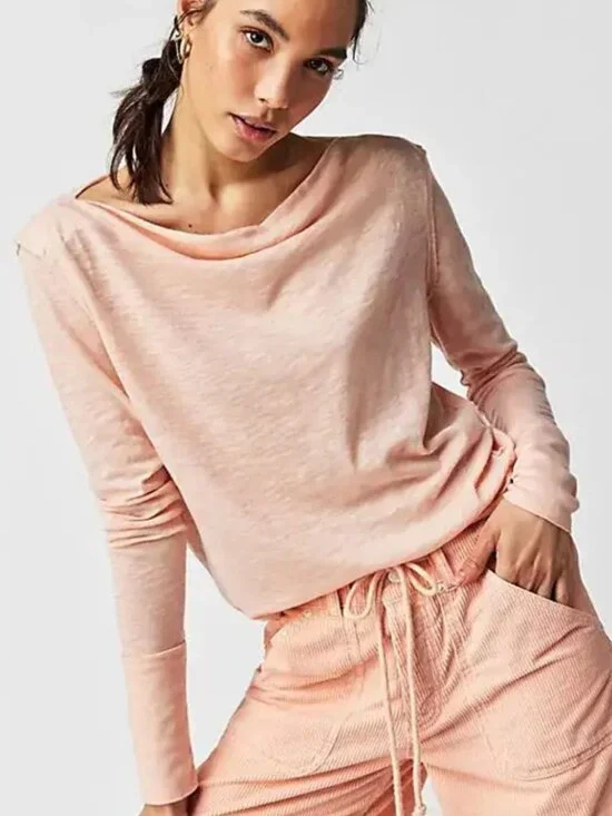 FREE PEOPLE WE THE FREE Kimmi Long Sleeve Top in Pretty in Peach Medium Boho