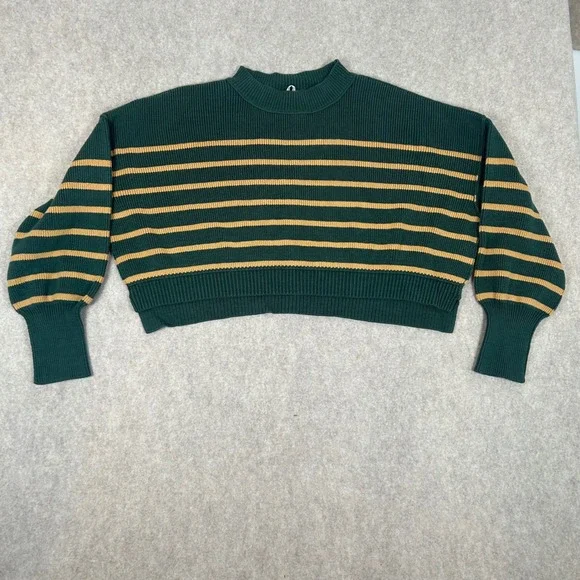 Free People Sweater Women Large Green Striped Cropped Mock Neck Balloon‎ Sleeve
