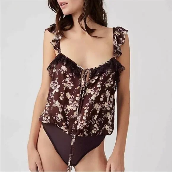 FREE PEOPLE NWT Take It Away Bodysuit In Chocolate Merlot Combo Size XL
