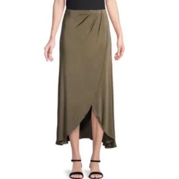 Free People Women’s Wrap Asymmetrical Army Green Maxi Skirt Fall Flow Size M NWT