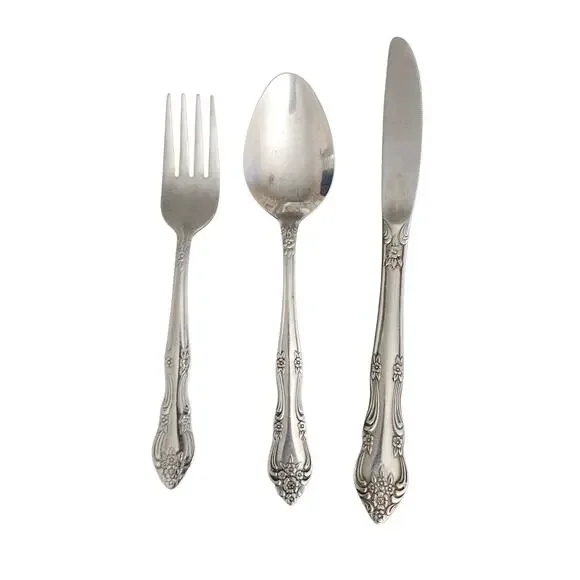 WM Rogers Dream Rose Stainless Flatware 3 Pc Set Fork Spoon Knife Korea Vintage