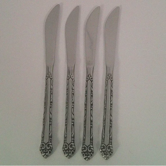 Ekco Eterna‎ Stainless Steel Butter Knives Set of 4 Japan Vintage Floral Pattern
