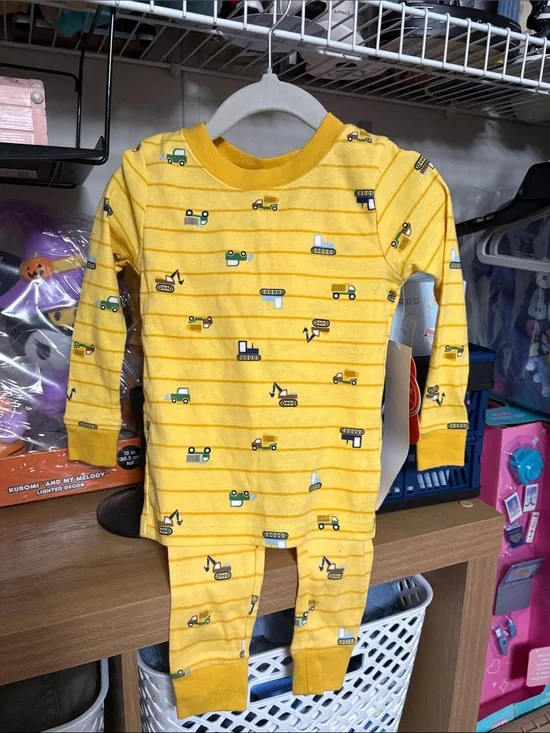wonder nation Yellow Construction Vehicle Stripe Pajama Set