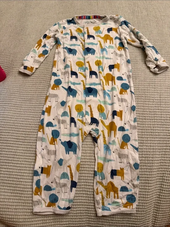 Magnetic Me White Footless Sleeper with Mustard, Teal, Navy Animal Print