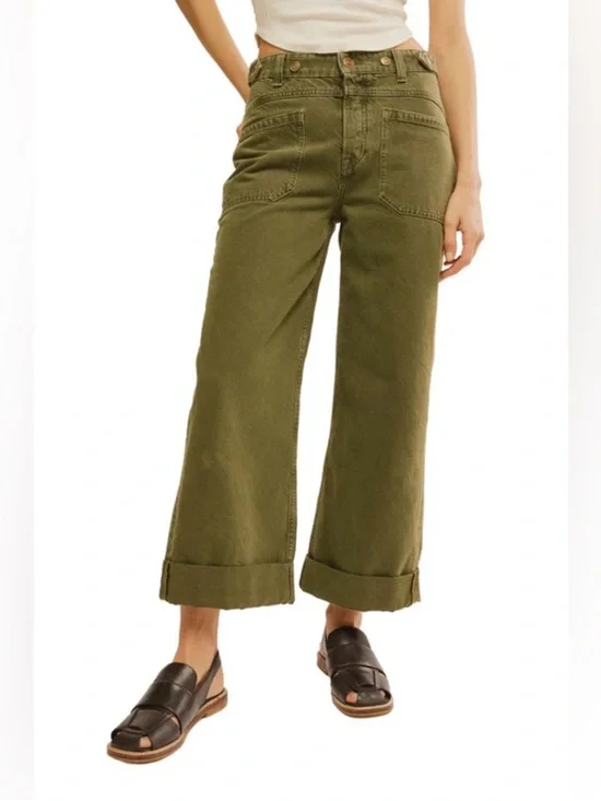 We the Free Palmer Wide Leg Baggy Loose Fit Denim Jeans Army Green Size 27