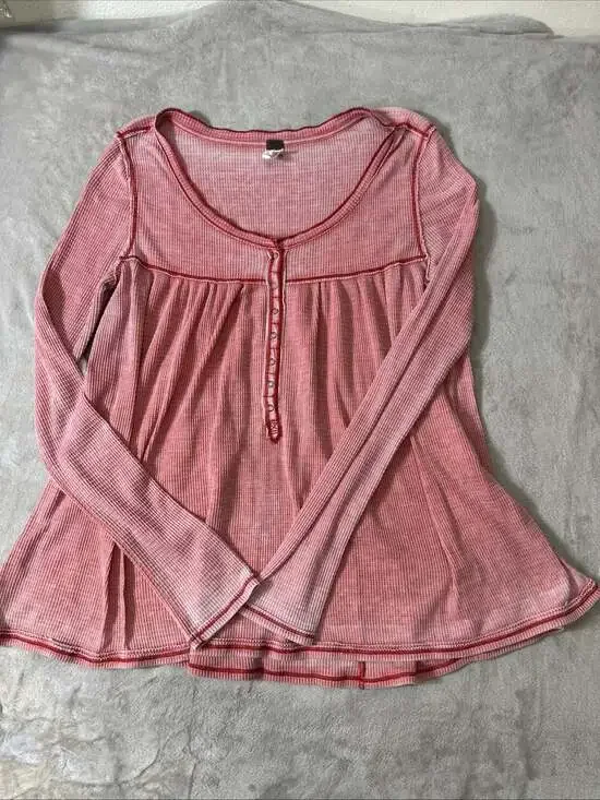Free People Waffle Knit Thermal Henley Top Women’s Large Pink Long Sleeve Boho