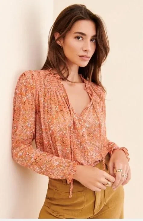 Free People Lela Floral Blouse Orange Size Large