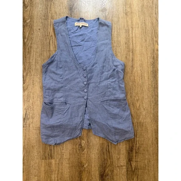 Free People Blue Linen Blend Button Front Waistcoat Vest Large Boho Minimalist