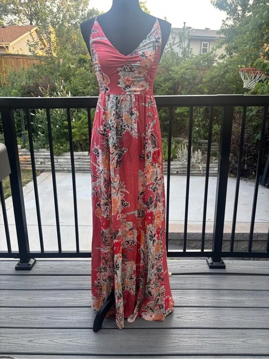Free People Coral Floral V-Neck Maxi Dress