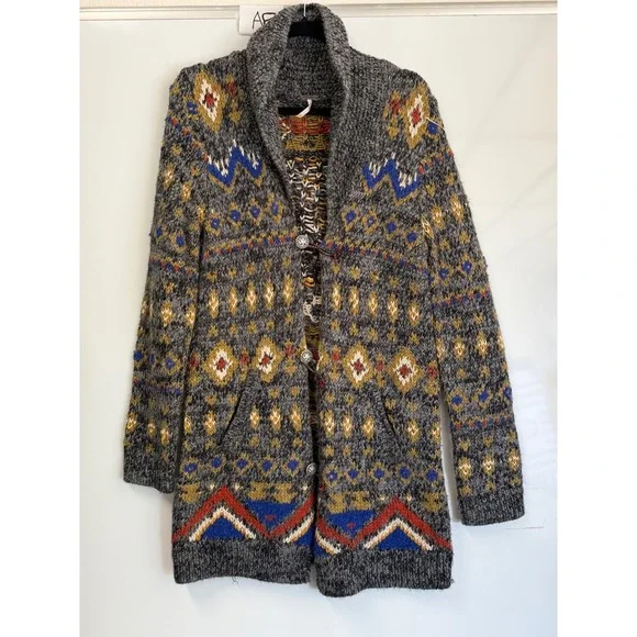 Free People Tiger Intarsia Wool Blend Long Cardigan Grey Southwestern Boho M