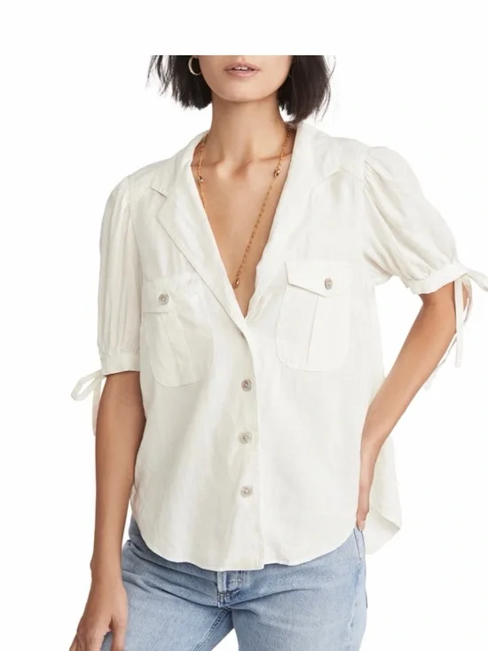 Free People Cream Button-Front Puff Sleeve Shirt