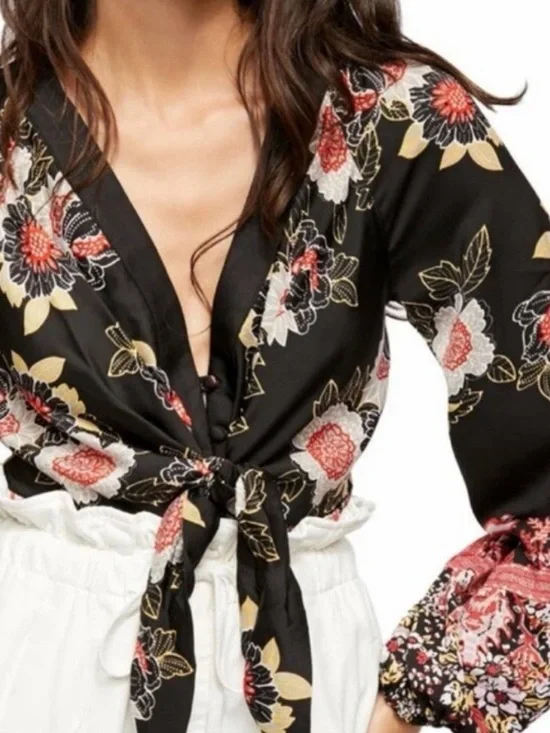 Free People top Black Floral Tie-Front Blouse silky Sz S