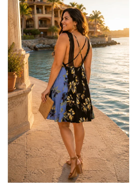 Free People Two-Tone Floral Mini Dress — Blue & Black