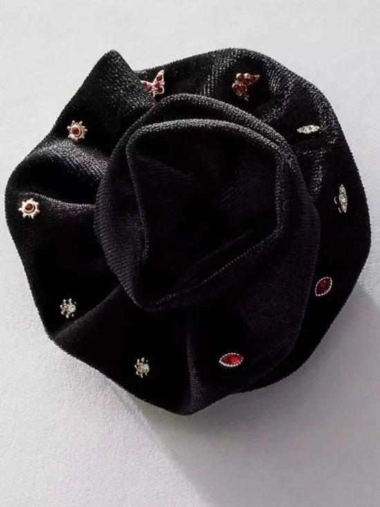 Free People Black Velvet Rosette Brooch with 5 Pairs of Stud Earrings Butterfly