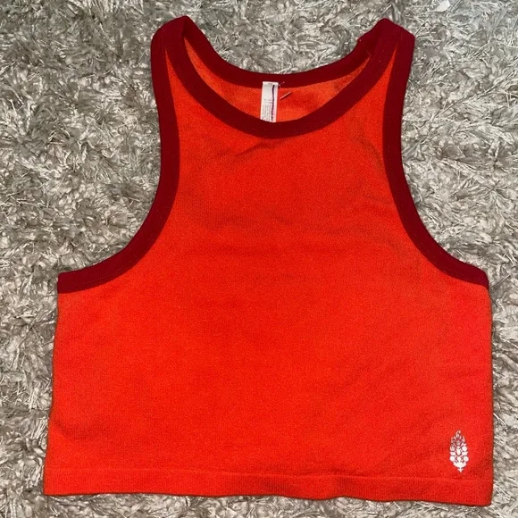 Free People Red-Orange Ribbed Crop Tank with Maroon Trim