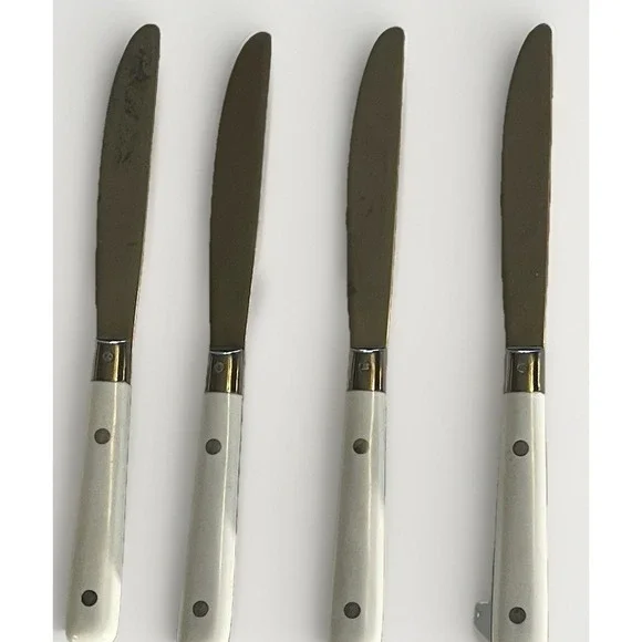 4 Carnival White‎ Handle Dinner Knives Stainless Flatware Korea 3 Rivets