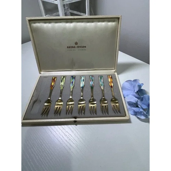 Vintage‎ Georg Jensen Sterling Silver Enamel Harlequin Dessert 7 Forks Denmark