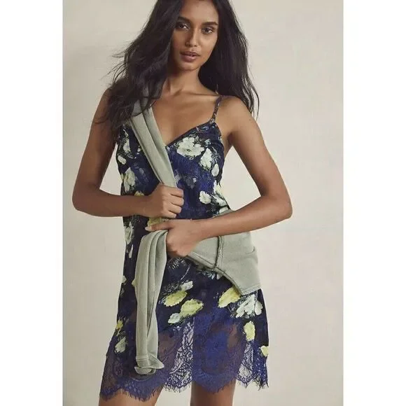 NEW FREE PEOPLE Sz S SUNFADE PRINTED LACE EMBROIDERED SLIP  DRESS NIGHT COMBO