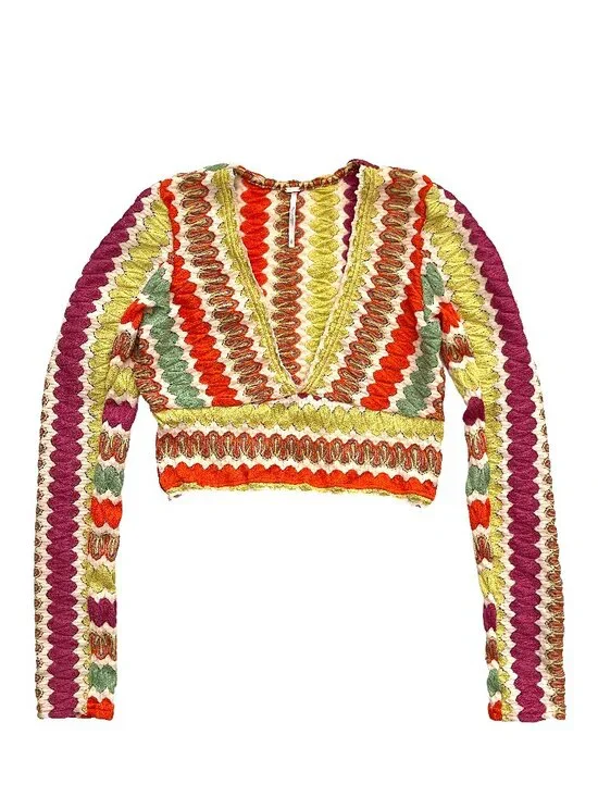 Free People Textured Multicolor Cropped V-Neck Sweater Top S