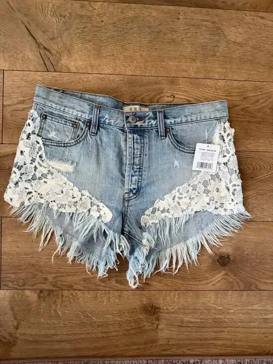 We The Free Good Vibes Denim Lace Distressed Cut-Off Shorts