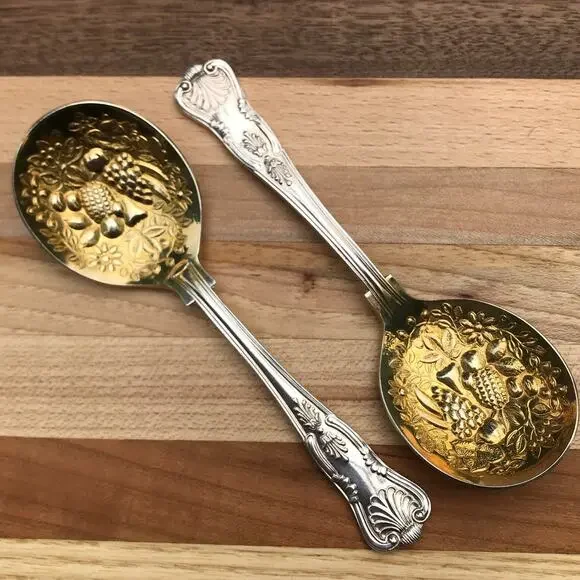 2 W. A. Sheffield KING Silverplate Gold Wash Jelly Spoons - fruit embossed