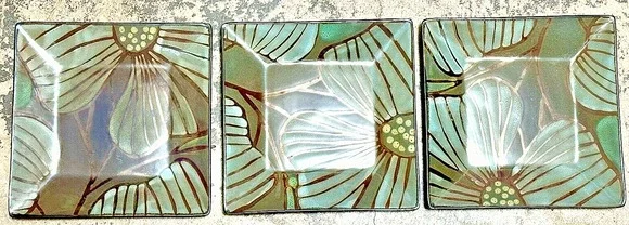 Pier 1 Imports Stoneware Plates – Set of 3 – Square Floral Pattern – Gray Green