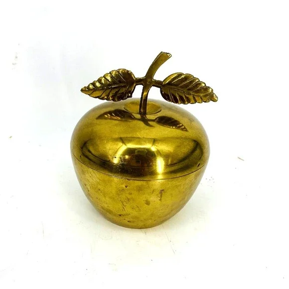 Vintage Brass Apple Bowl With Lid Trinket Stashbox Aged Patina Retro Home Decor