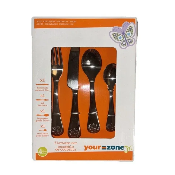 Your Zone Jr Kids Flatware Set Butterfly Stainless Steel 4‎ Pc NEW