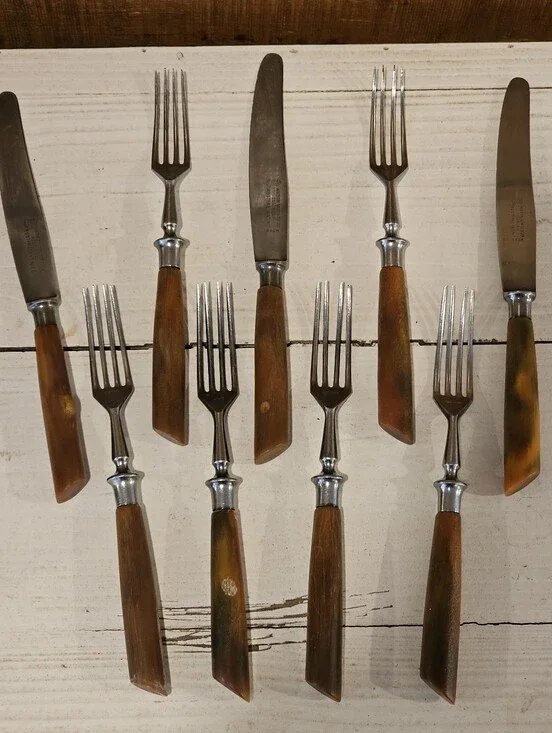 Vintage 50s MCM Anton Wingen Jr. Natural Horn Cutlery Set - 6 Forks & 3 Knives