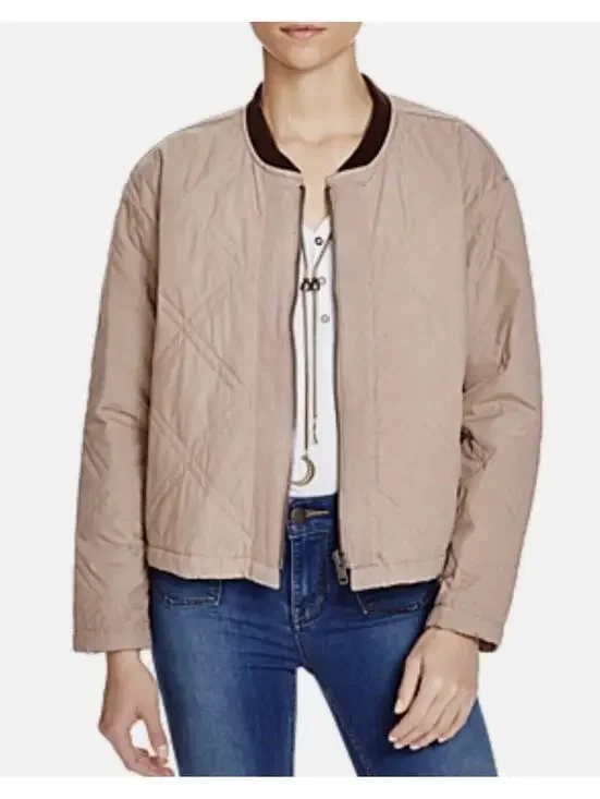 (RFB1) Free People Quilted Bomber Varsity Jacket Blush Beige L Casual Trendy