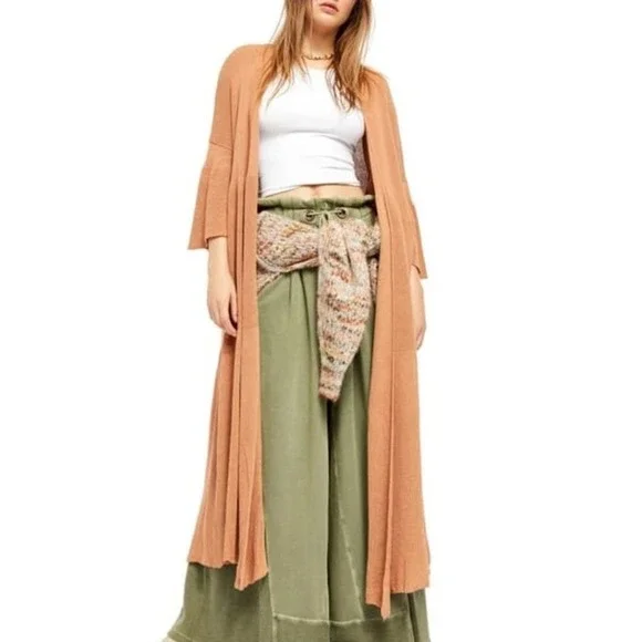 FREE PEOPLE Making Waves LONG SWEATER DUSTER Cardigan Kimono Linen/Cotton XS