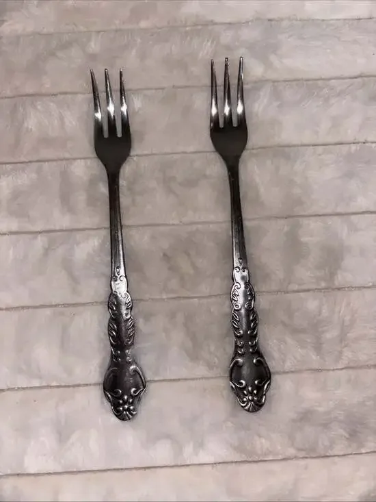 Vintage National Stainless Japan Rose Cocktail Forks Set of 2 Pastry Three Tine