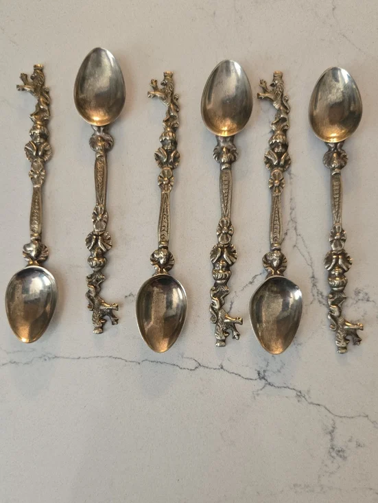 Antique Spoons Ornate Silver-Tone Decorative Dessert Spoons -Set of 6. 4in Italy