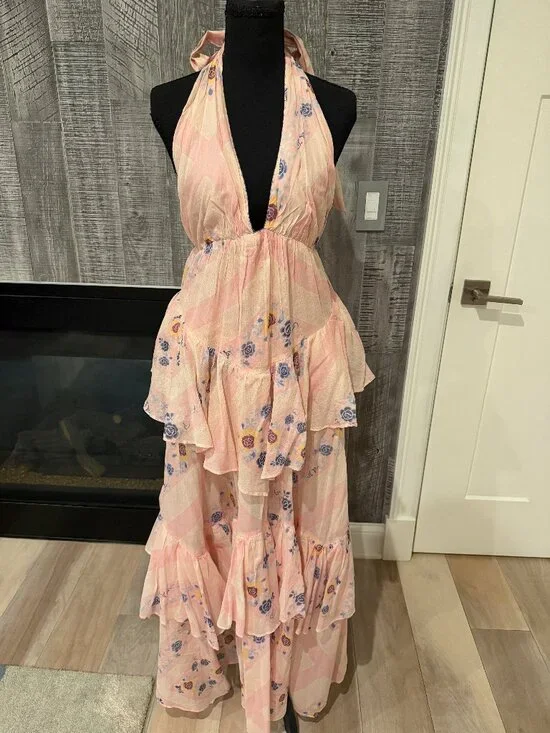 NWT Free People Blush Floral Tiered Ruffle Halter Maxi Dress - Size Medium