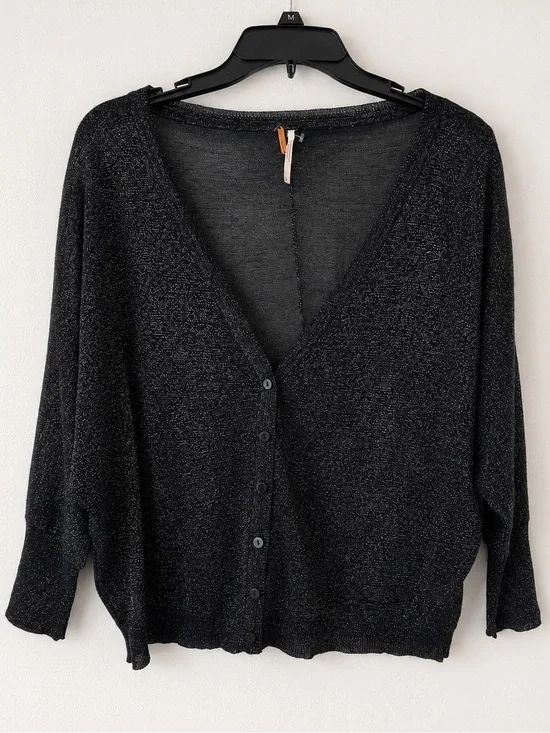 Free People Metallic Silver Black Slouchy Cardigan