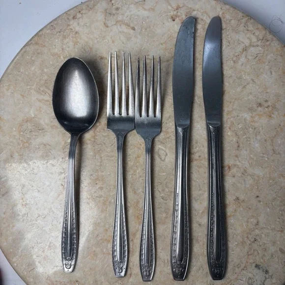 Utica Cutlery Co Stainless Flatware 5pc Set Silver Art Deco Lyre Japan‎