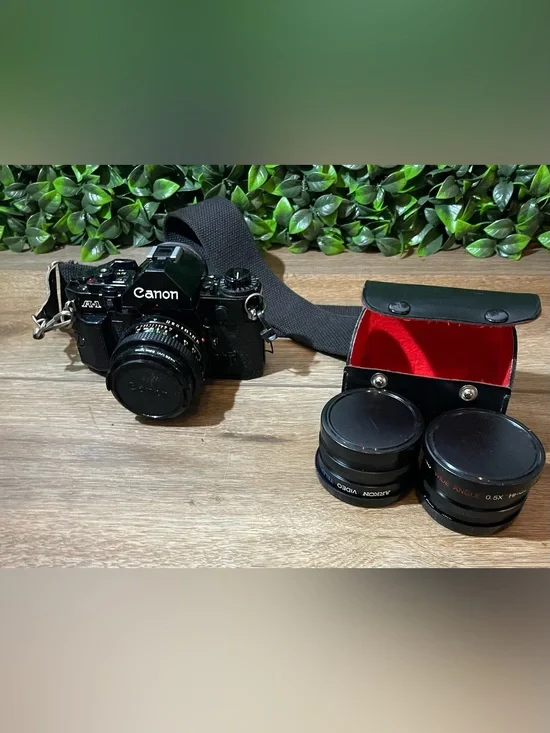 Vintage Canon A-1 35mm Film SLR Camera + Lens & Wide Angle Accessories