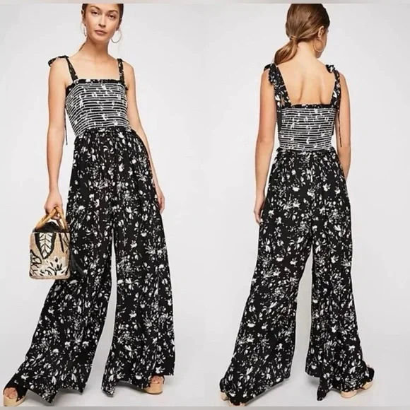 FREE PEOPLE Color My World Jumpsuit Black White Floral Wide Leg Palazzo Size XS