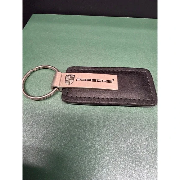 Porsche Black Leather Metal Keychain Braman Motorcars Dealer Key Fob Silver Tone