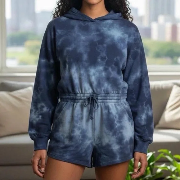 FREE PEOPLE FP Movement Favorite Washed Collection Tie Dye Hooded Romper S/M