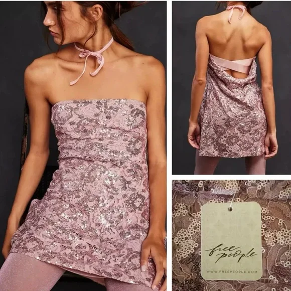 FREE PEOPLE Night Gaze Strapless Sequin Lace Mini Dress Blush Pink XL NWT