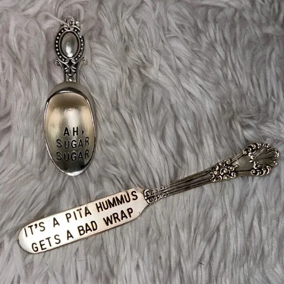 Vintage Style Hand Stamped Sugar Scoop & Hummus Spreader Pun Serving Set Silver