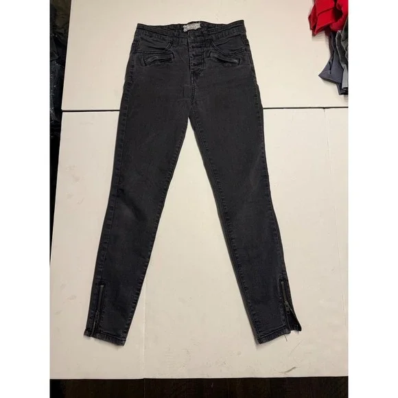 Free People Womens Moto Skinny Jeans Washed Black Button Fly Ankle Zip W26
