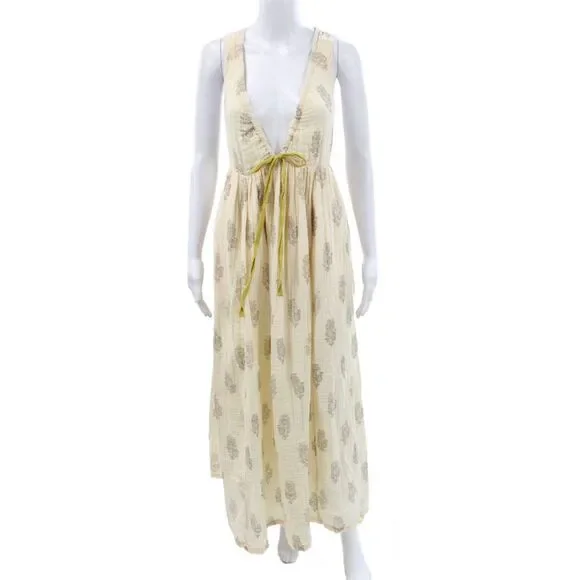 Free People Womens Maxi Floral V-Neck Sleeveless Boho Cotton Dress Ivory Size XS